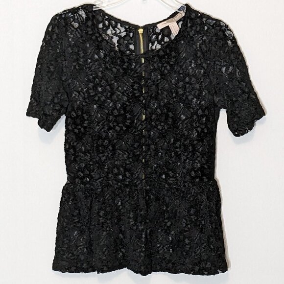 Forever 21 Sheer Black Lace Tunic Top; Short Sleeves; Bottom Ruffle; Size Small - Picture 1 of 4